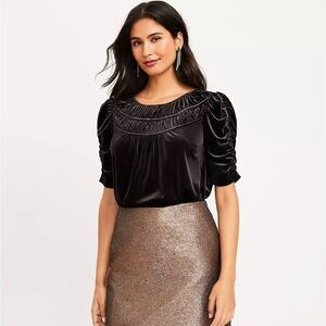LOFT Black Velvet Blouse with Ruched Sleeves